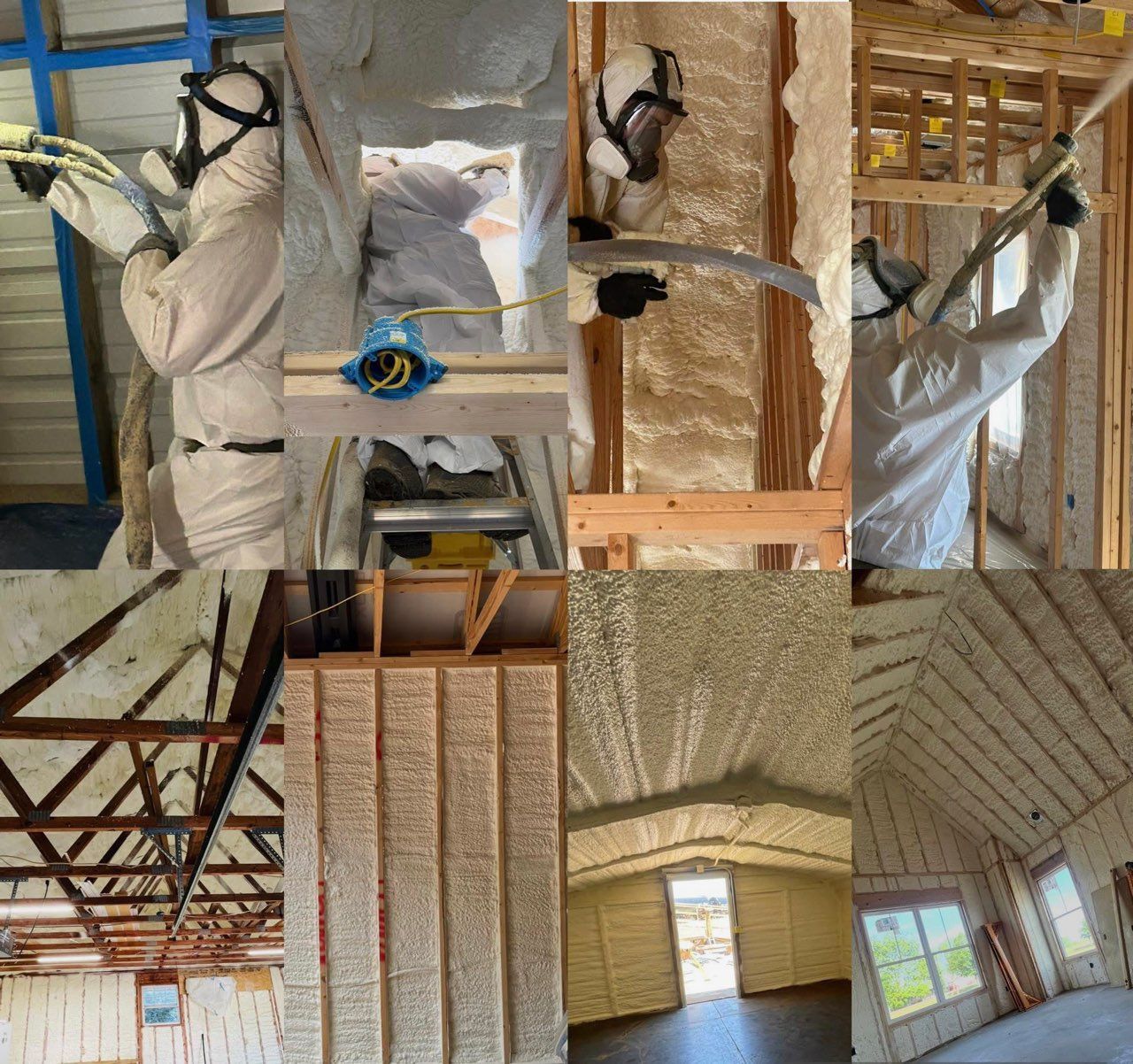 Workers spraying insulation in a house under construction, with framed walls and exposed ceiling beams.
