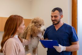 Happy pug getting a treat at a veterinary exam table while a smiling person stands behind it