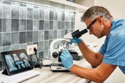 Scientist examining a sample under a microscope beside a laptop in a lab workstation