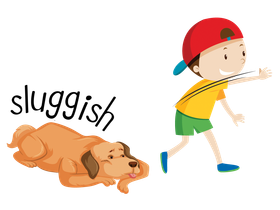 Cartoon dog lying behind a running boy, with the word “sluggish” nearby.
