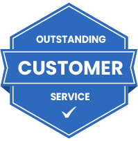 A blue outstanding customer service badge with a check mark.