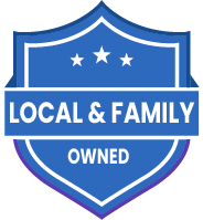 A blue shield with the words `` local & family owned '' written on it.