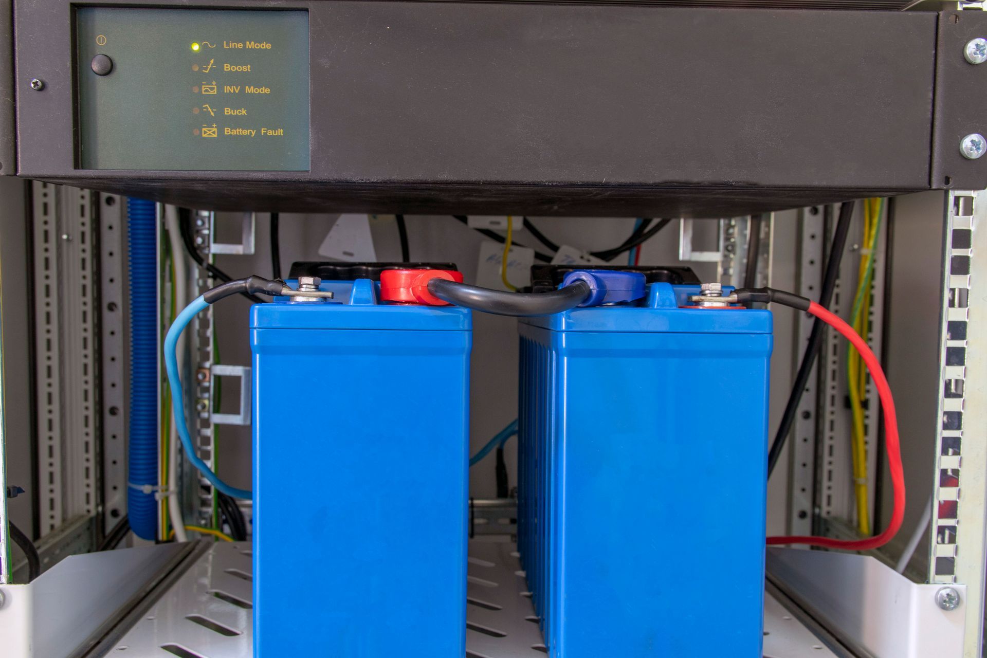 Two blue batteries are connected to each other in a rack