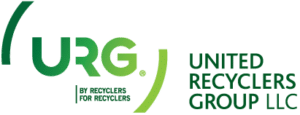 A green and white logo for united recyclers group llc