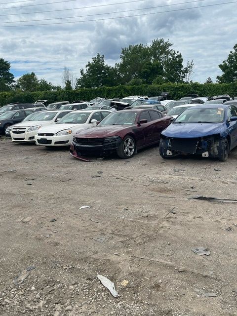 A row of damaged vehicles, including a dark red Dodge Charger and a blue sedan, parked in a gravel salvage lot.