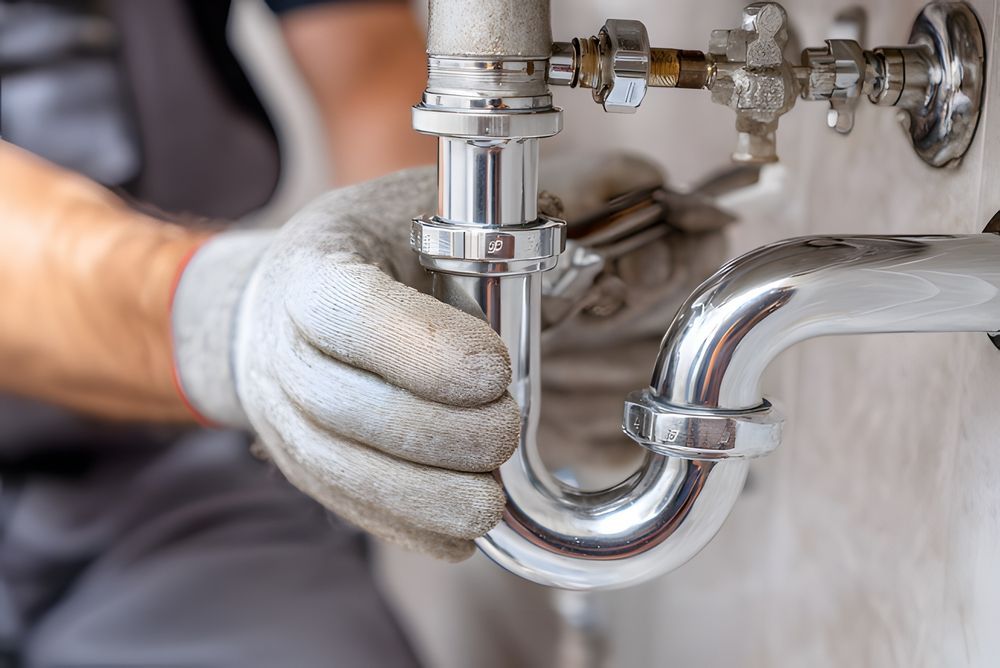 Plumber in gloves working on a chrome drainpipe under a sink.