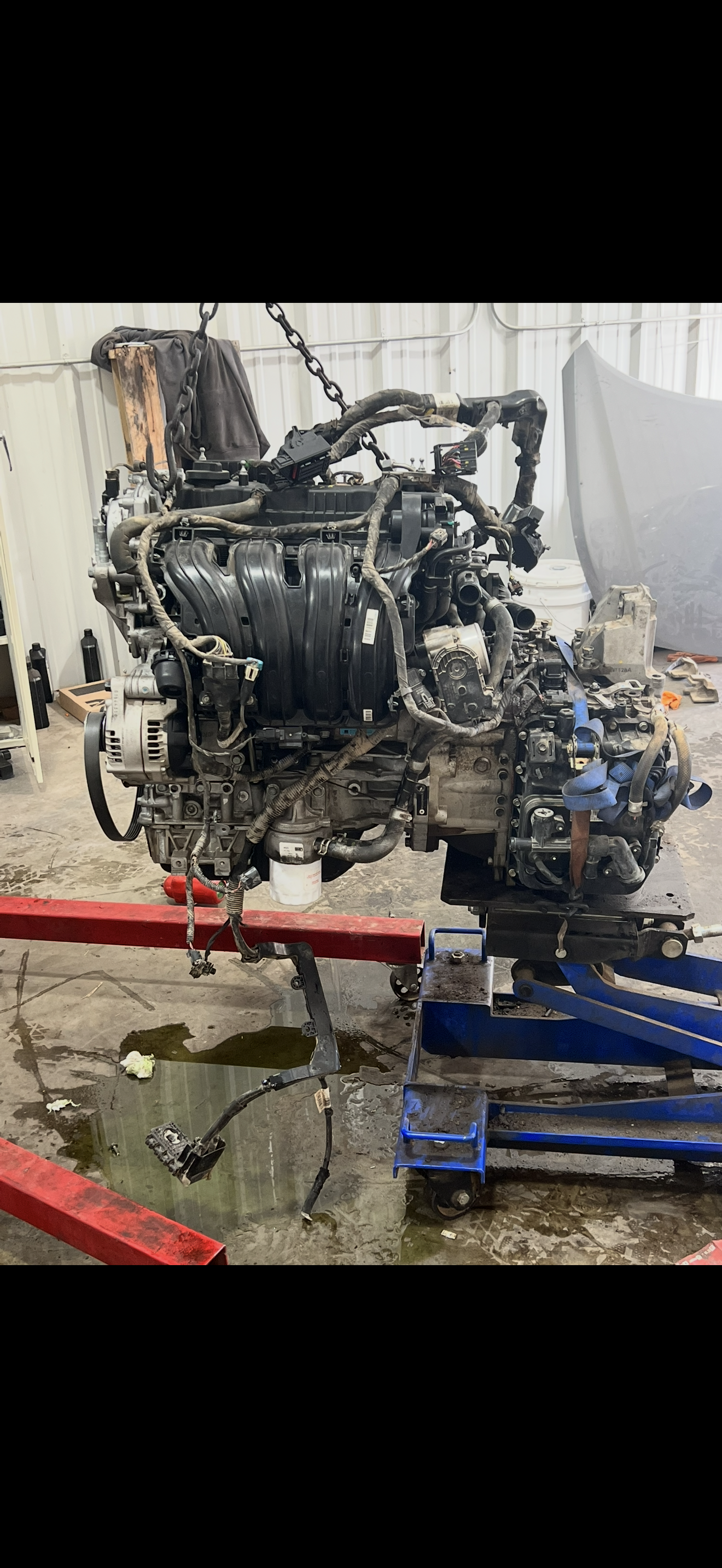 Car engine suspended in a shop. It sits on a red stand, with a blue jack nearby. Wires, hoses, and fluids are visible.