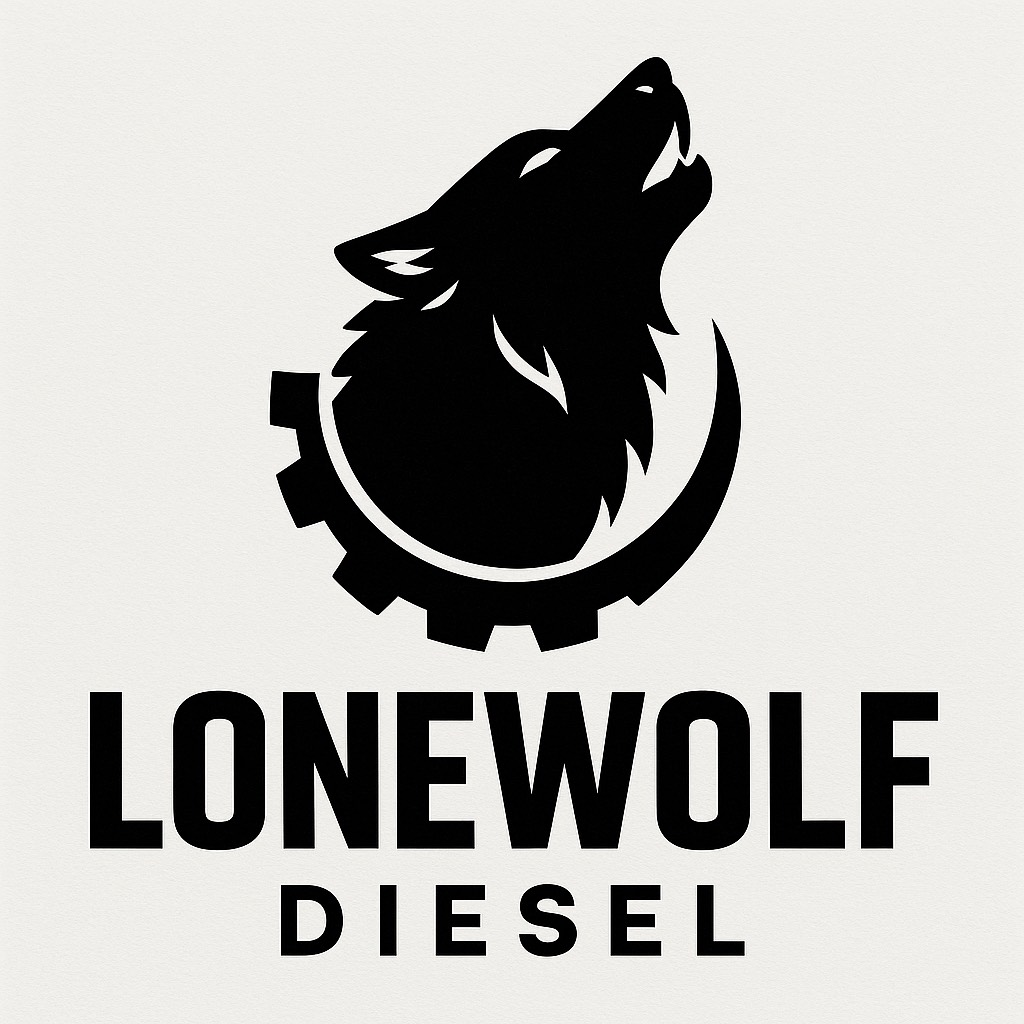 Black wolf howling inside a gear, "LONEWOLF DIESEL" below.