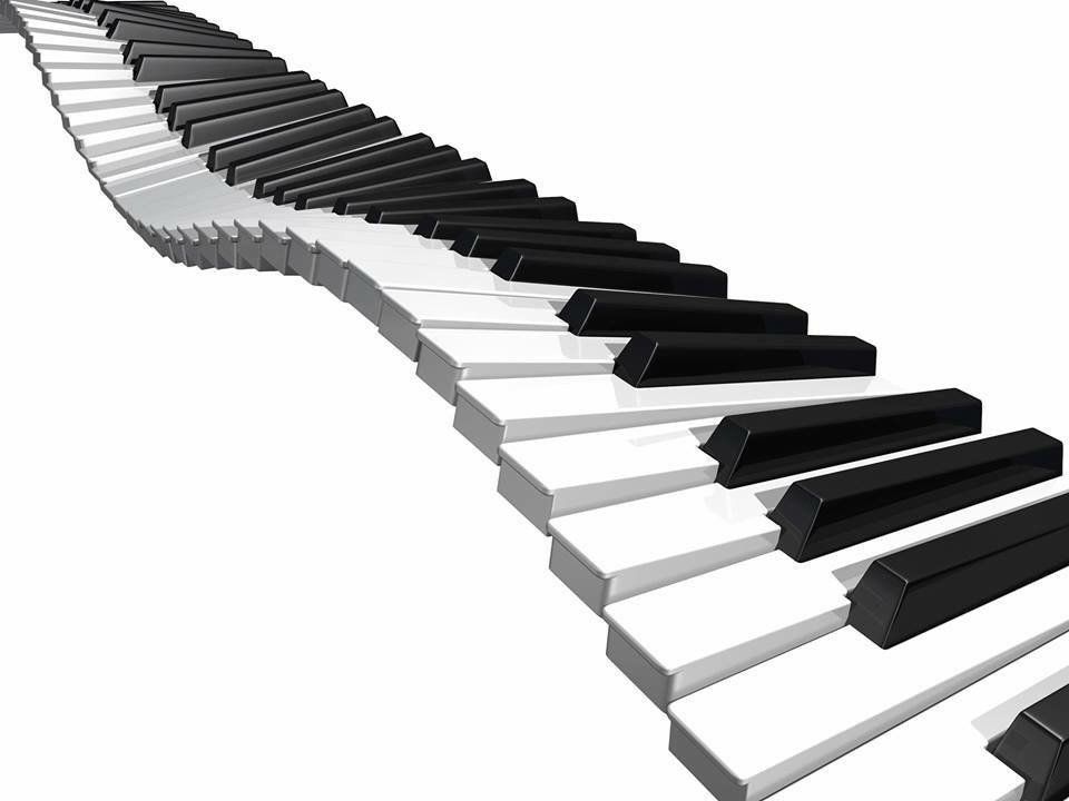 Pianotoetsen in een golvend patroon, zwarte en witte toetsen tegen een witte achtergrond.