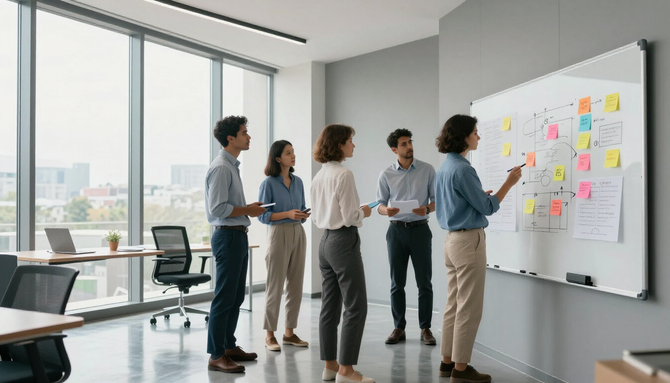 Athletic Koala team gathered around a whiteboard in a light-filled office