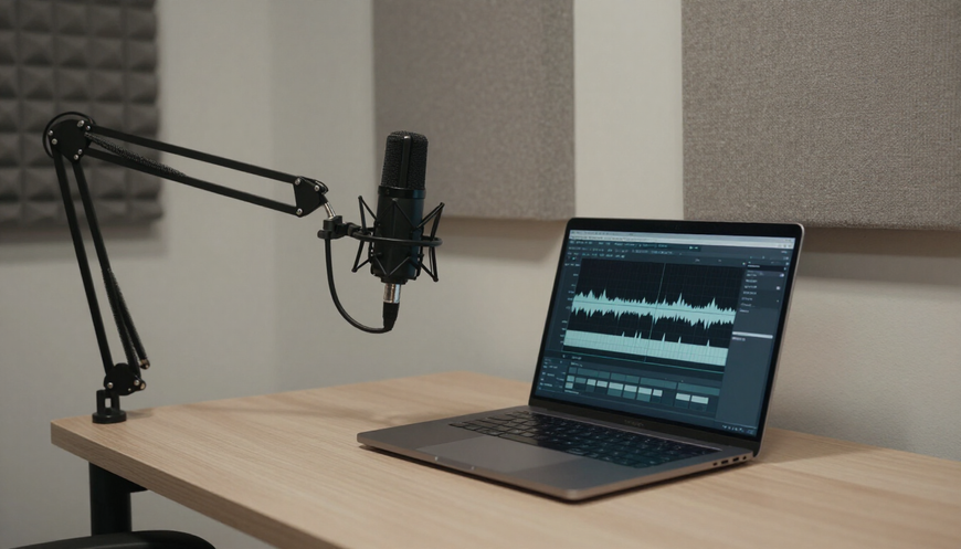 Professional podcast recording setup with microphone and acoustic panels