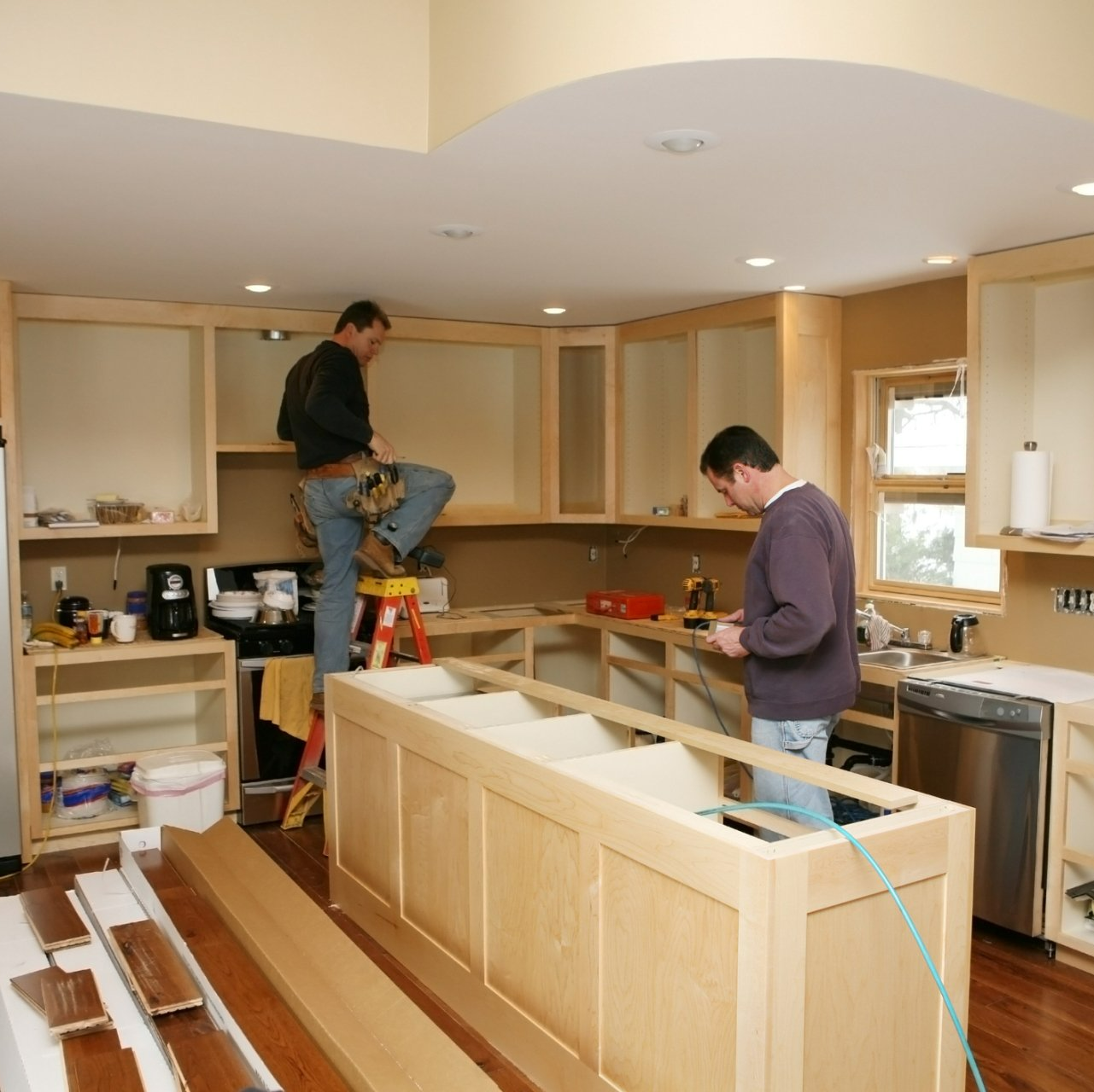 Men building a kitchen
