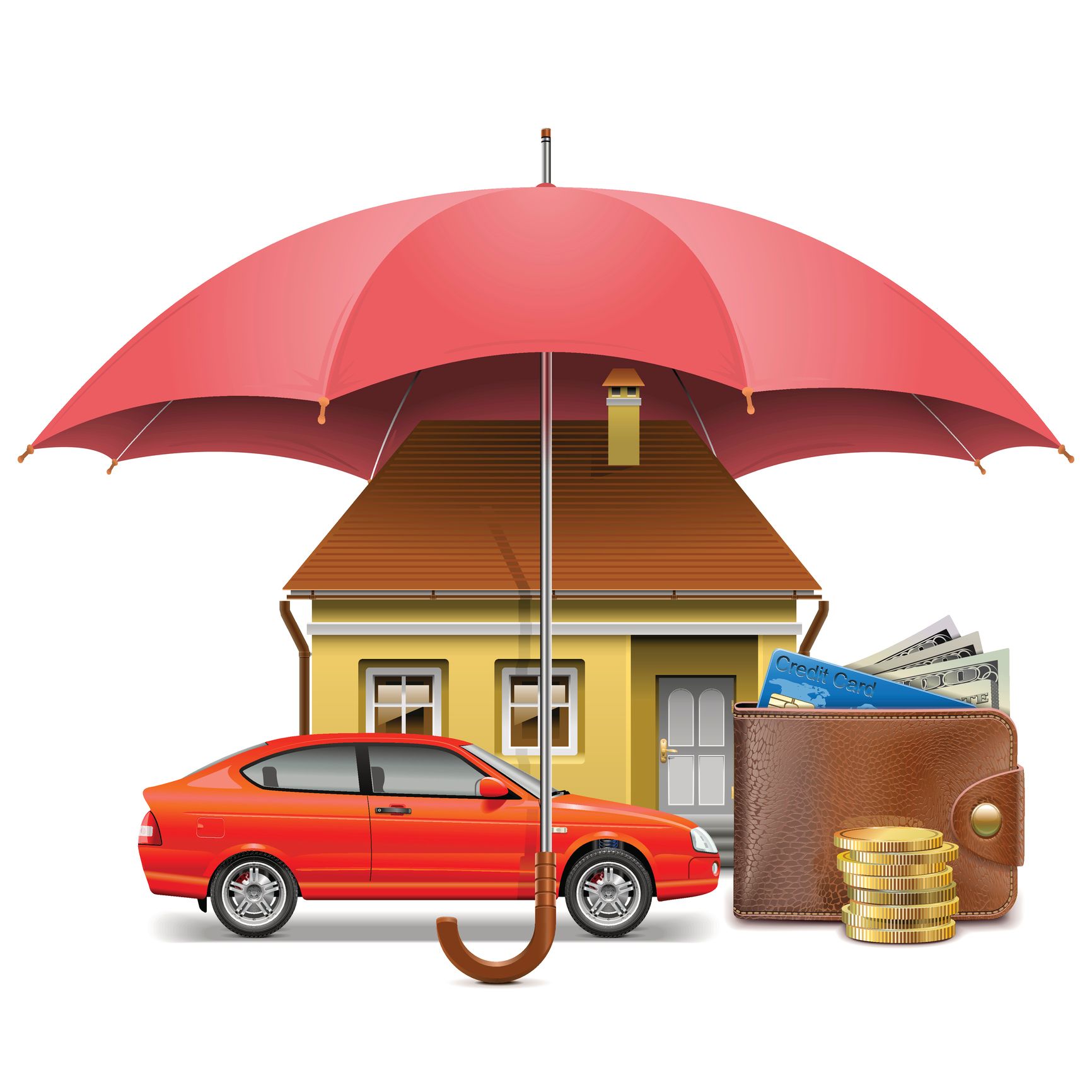 Red umbrella protecting a house, car, wallet, and coins, symbolizing insurance coverage.