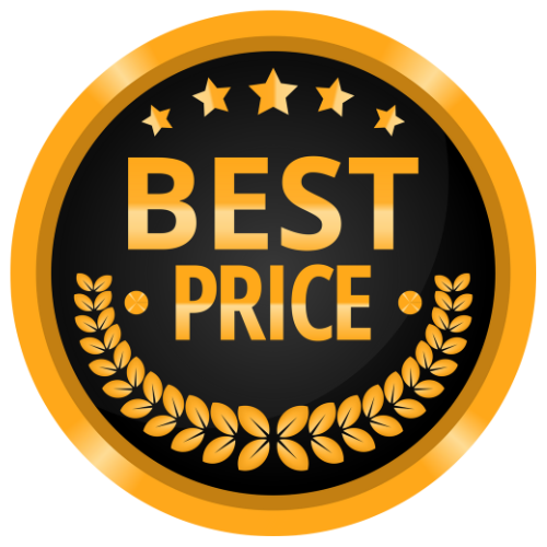 A black and gold badge that says best price