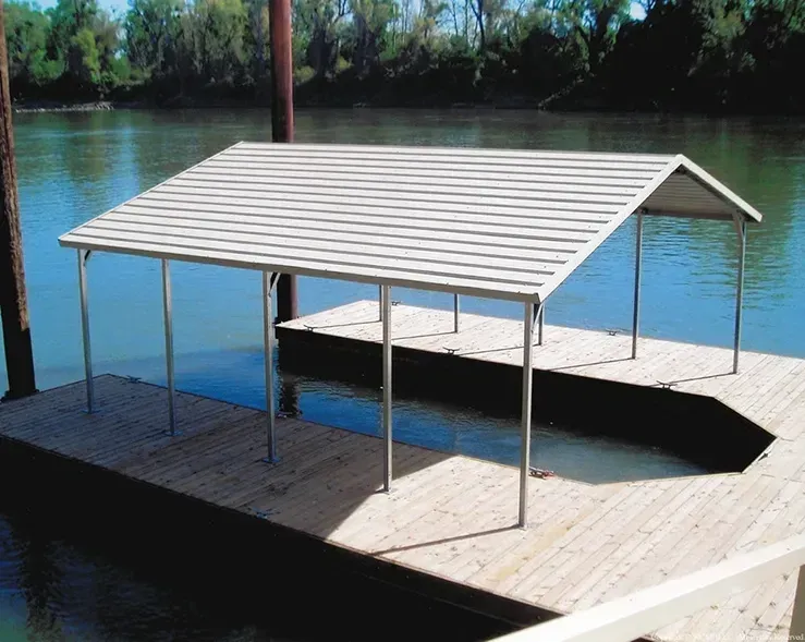 A wooden dock with a canopy over it