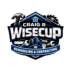 Logo for Craig R Wisecup Remodeling & Contracting, featuring construction tools and a house silhouette in blue and black.