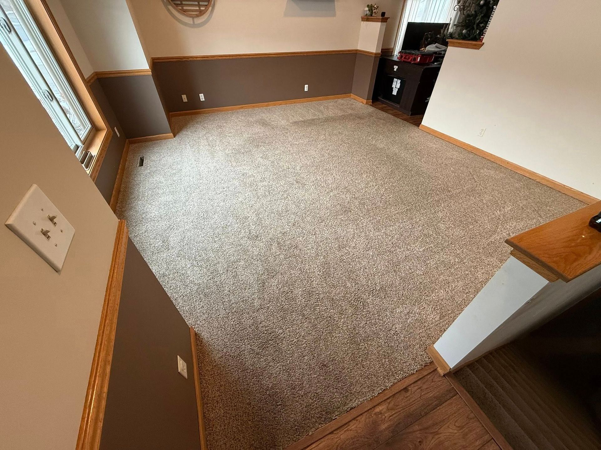 Carpeted living room with brown and cream walls and brown trim, viewed from above.