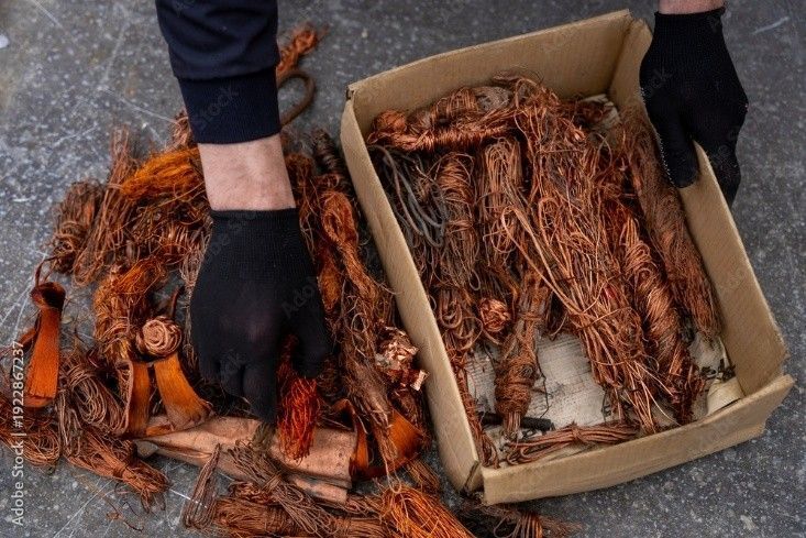 A close-up of gloved hands sorting through stripped copper wire scrap in a cardboard box. A close-up of gloved hands sorting through stripped copper wire scrap in a cardboard box.