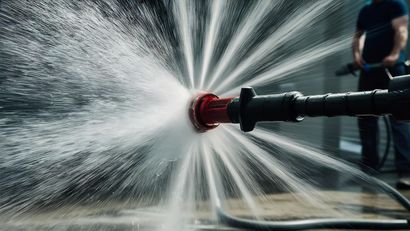 Fire hose blasting water in a strong spray during a firefighting drill