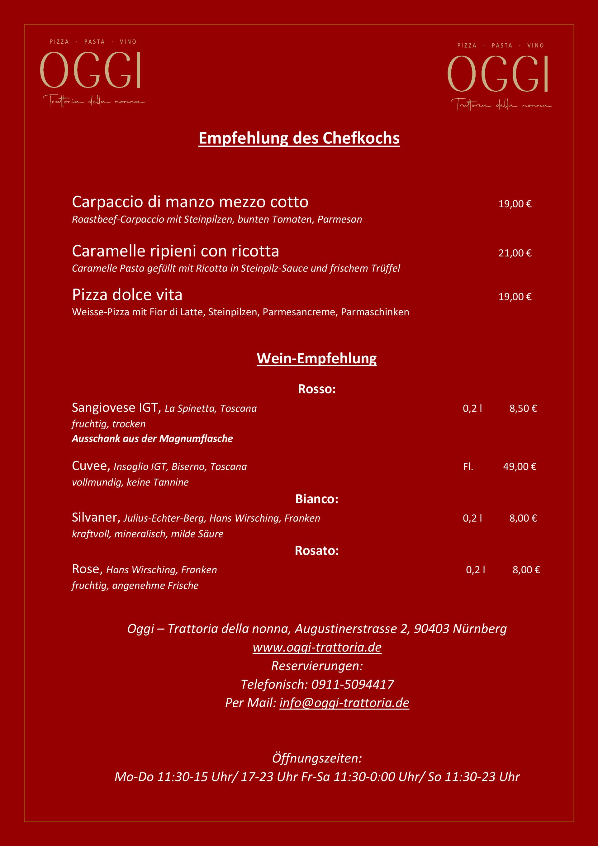 OGGI Wochenkarte, Italiener, italienisch, Nähe Hauptmarkt, Hauptmarkt, Restaurant, OGGI Trattoria della nonna, italienisches Restaurant