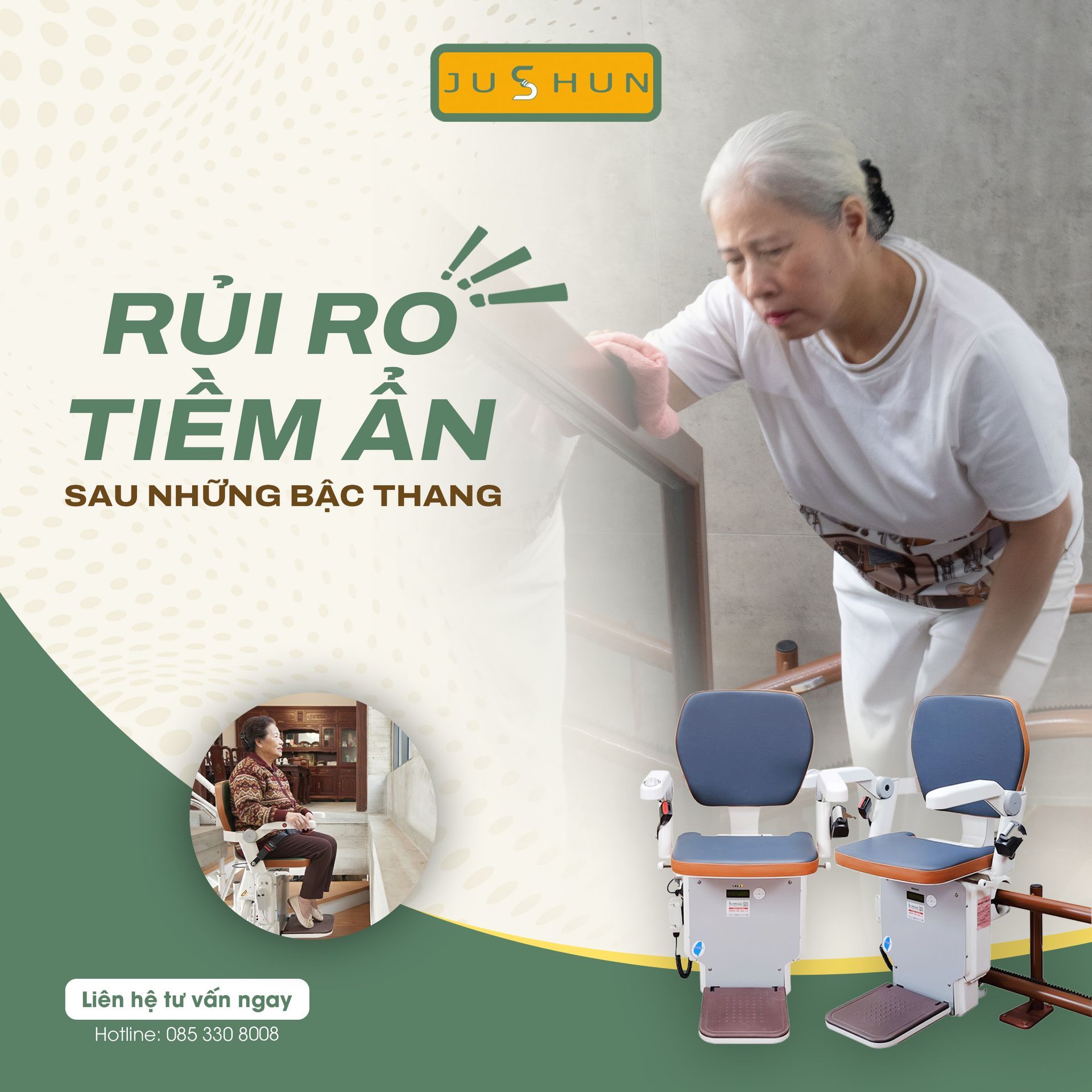 Người già leo cầu thang thường bị mệt và tiềm ẩn rất nhiều rủi ro té ngã