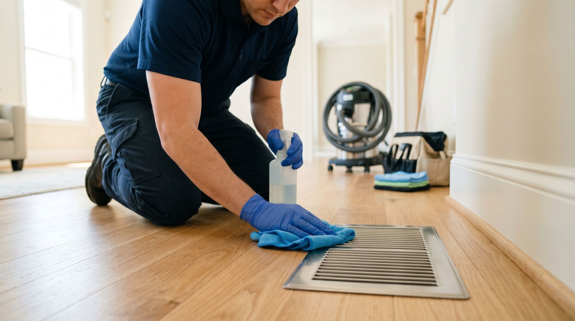 Person kneels on hardwood floor cleaning a small rug with blue gloves and spray bottle