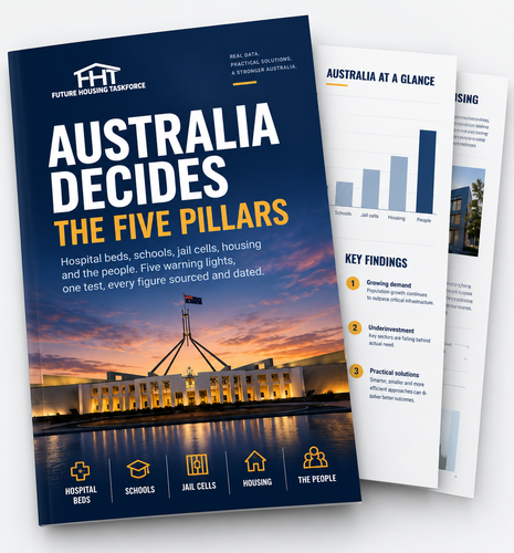 Australia Decides: The Five Pillars brochure with a Sydney skyline cover and open inner pages
