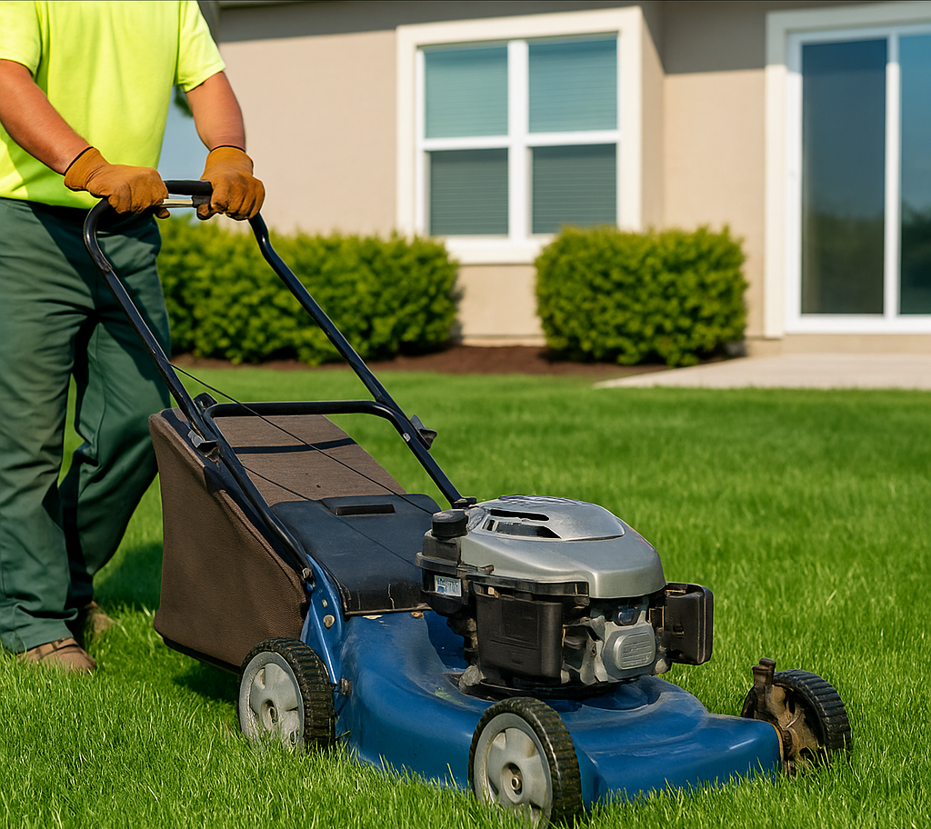 Lawn mower and tools set up for professional yard cleanup and leaf bagging in Zephyrhills FL