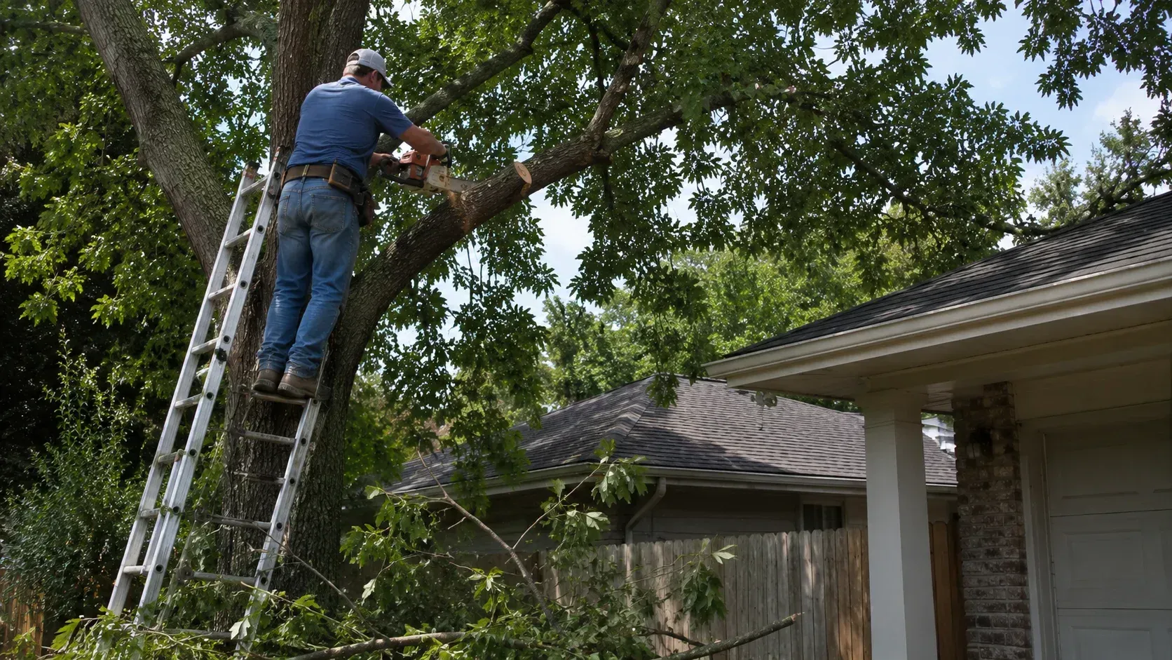 Man standing on a ladder cutting a large branch with a chainsaw during risky DIY tree trimming.