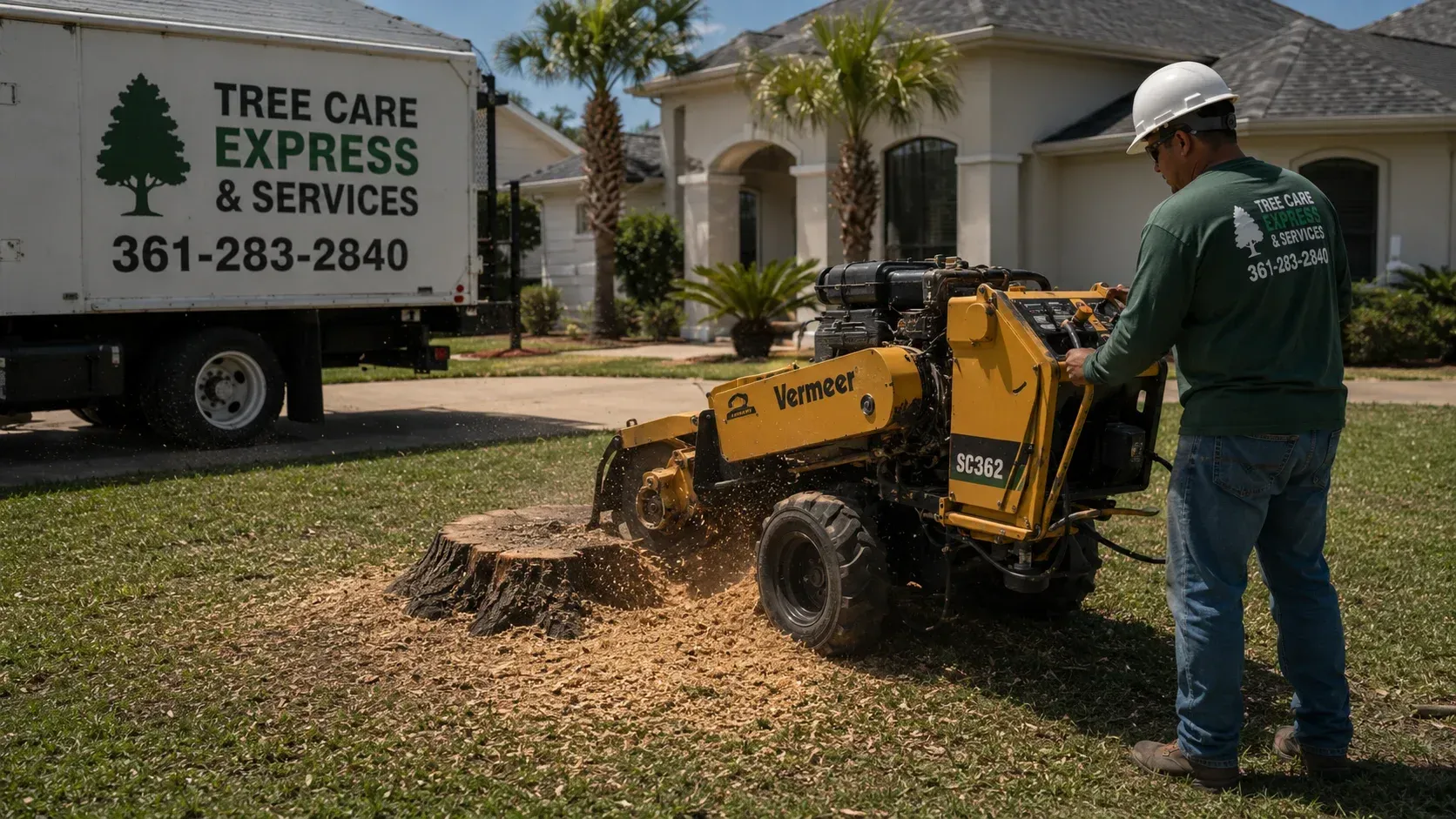 Technician grinding a large tree stump: how much does stump grinding cost for residential yards.