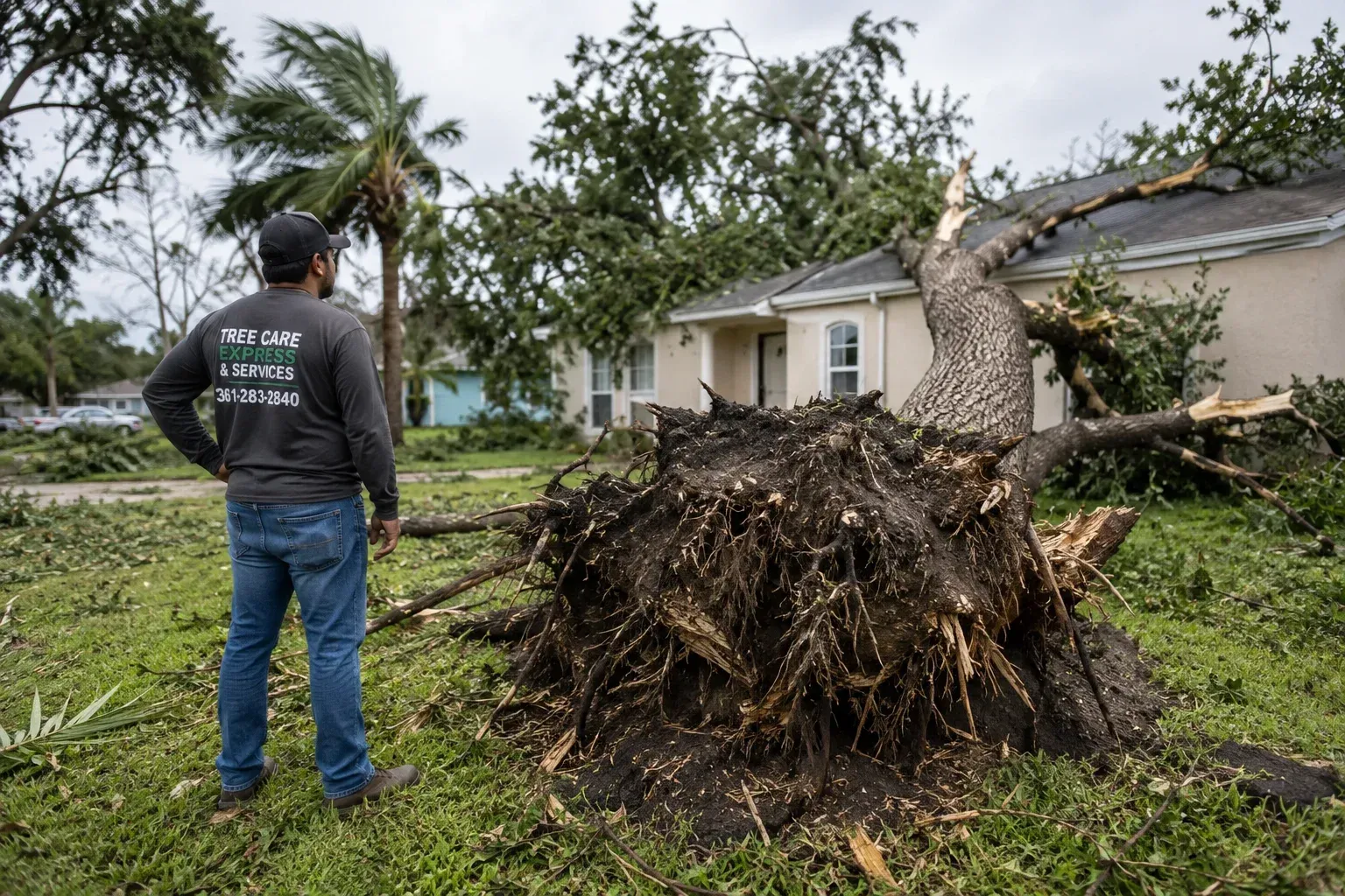 A large tree uprooted after a storm in Corpus Christi, showcasing exposed roots and damaged limbs on a residential lawn, illustrating how do you know if a tree needs to be removed after a storm.