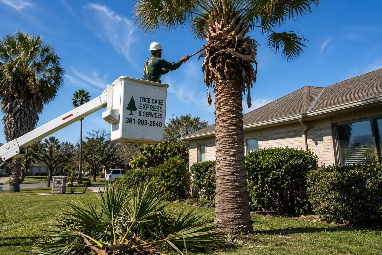 Fallen tree on a roof next to tips on how often should palm trees be trimmed.