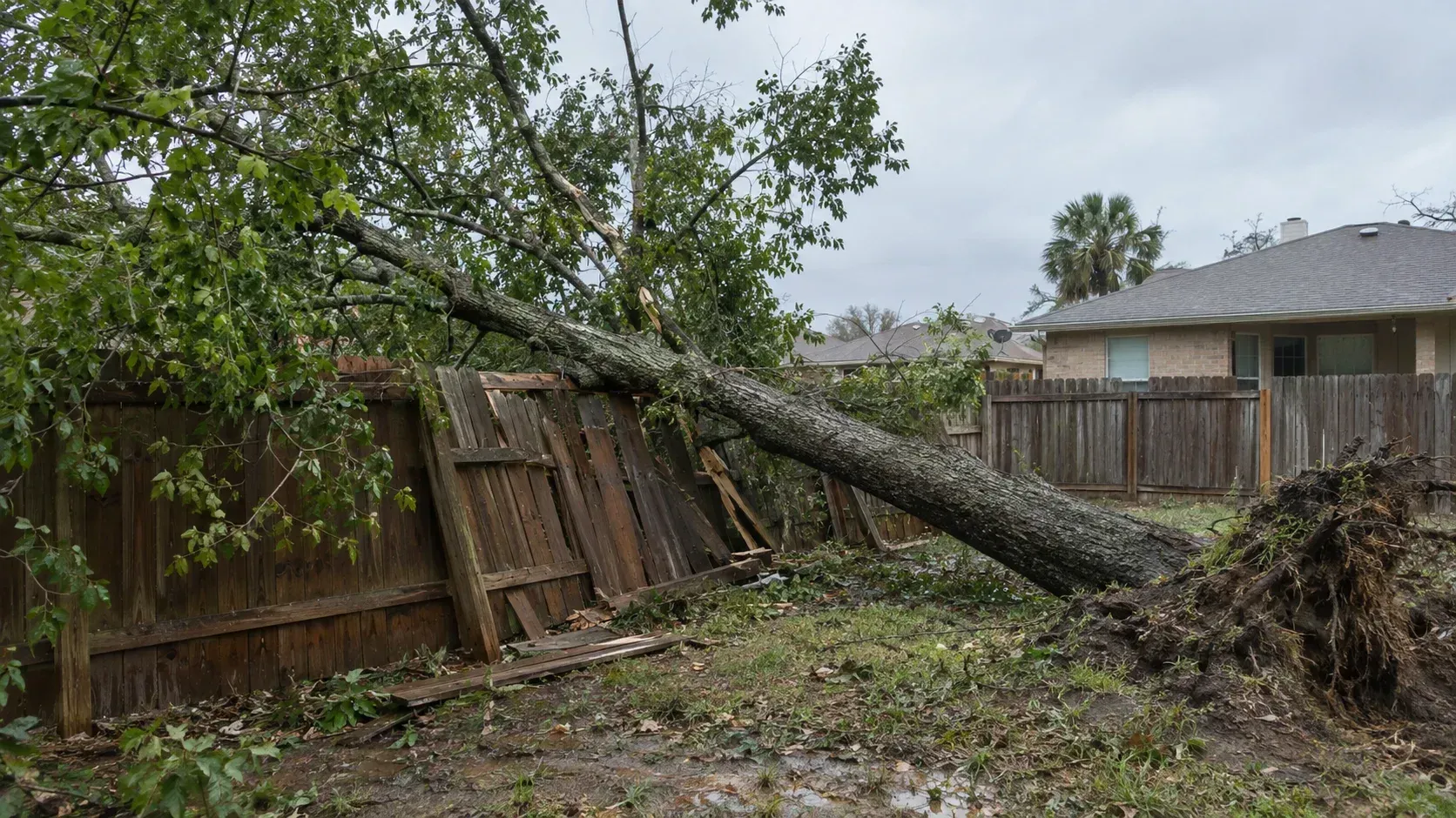 Storm-uprooted tree crushing a Texas fence, showing if homeowners insurance covers damage.