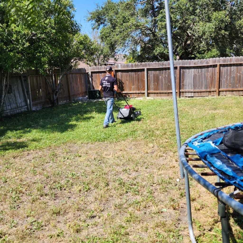Man mowing the lawn in a backyard with a wooden fence and trampoline on a sunny day.