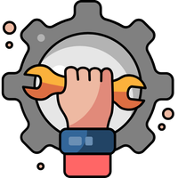 A hand is holding a wrench in front of a gear.