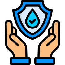 A pair of hands holding a shield with a drop of water on it.