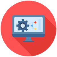 An icon of a computer with a gear on the screen