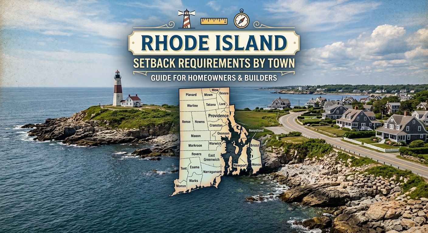 Rhode Island shoreline with lighthouse and town map, titled “Setback Requirements by Town”