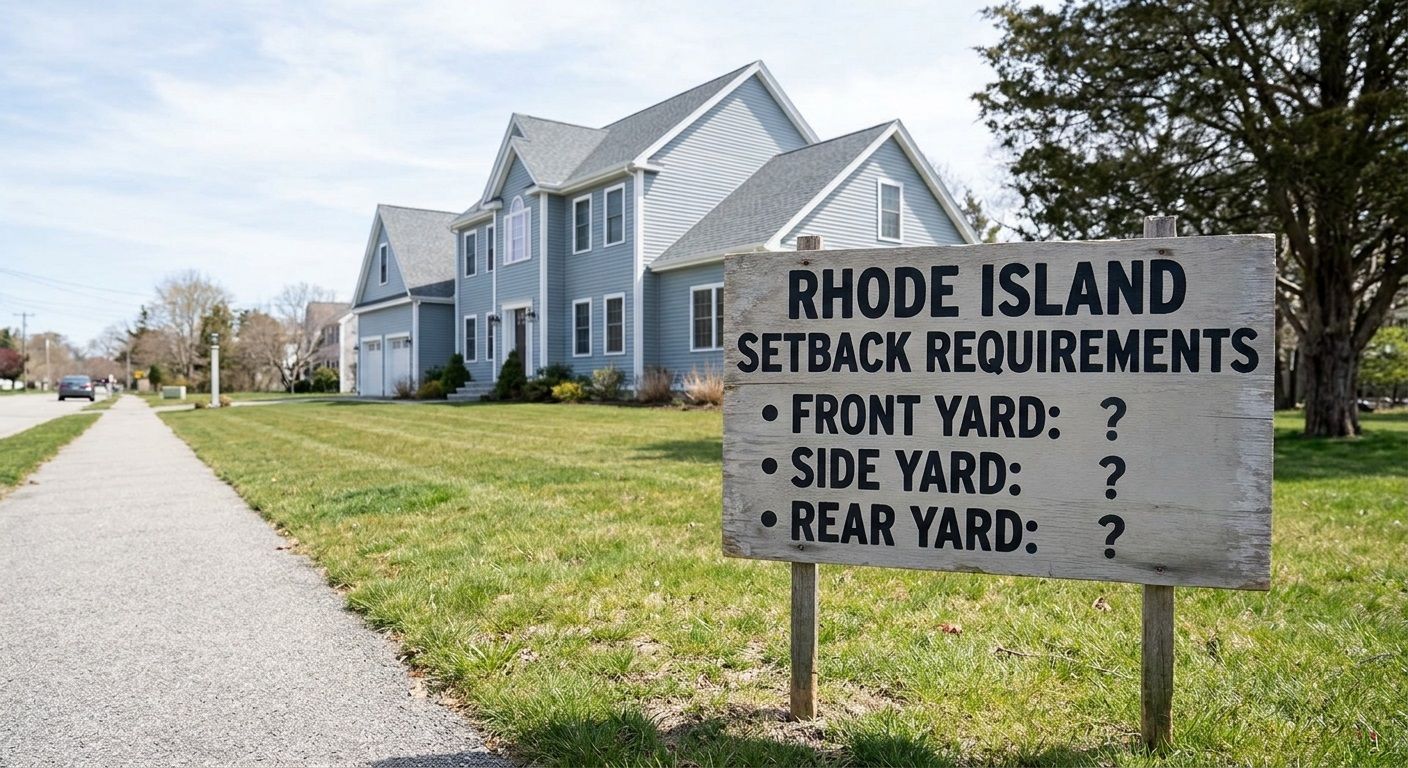 Rhode Island setback requirements sign beside a residential house and lawn by a gravel path