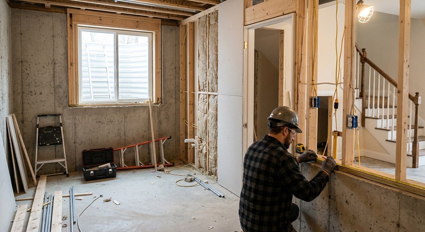 Worker installing a window frame in a room under renovation with exposed studs and drywall debris