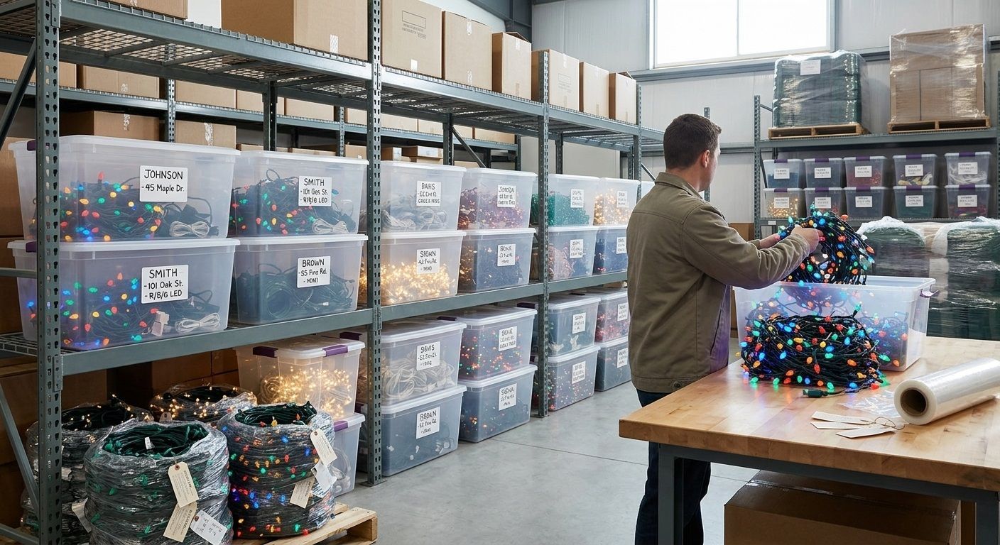 Warehouse worker packing colorful decorations into bins on a table, with stacked storage boxes in the background