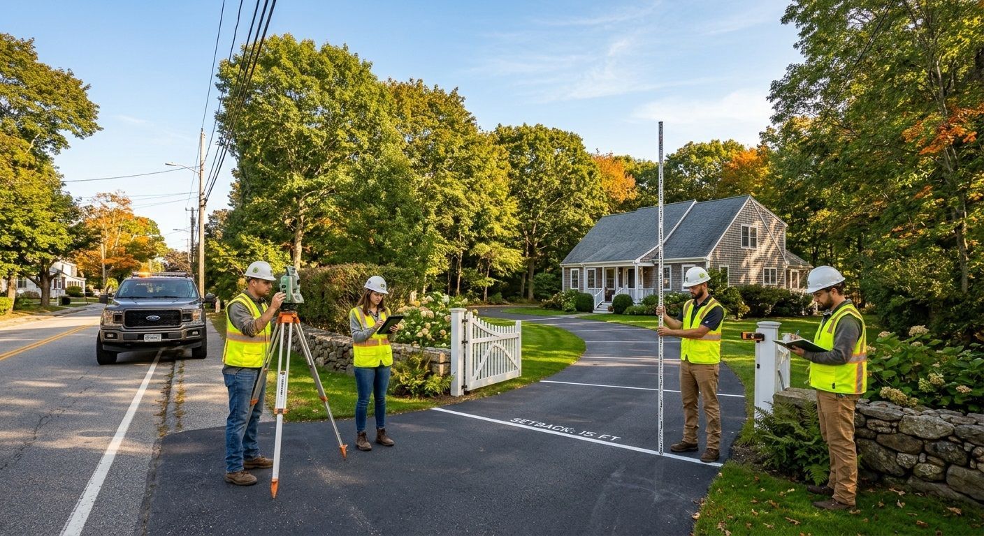 Workers in safety vests opening a gated road closure on a suburban street