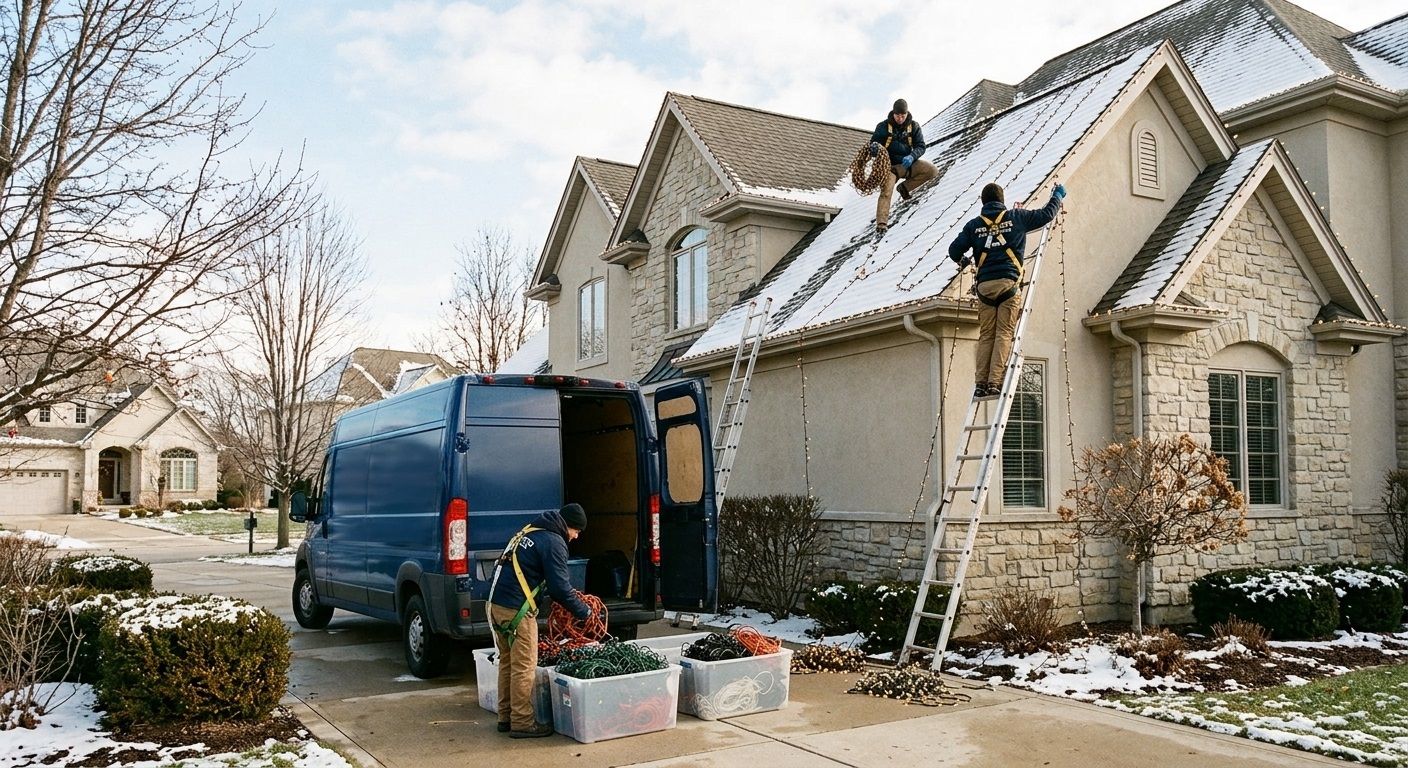 Workers on ladders repairing a house roof beside a blue van and tools in a snowy driveway