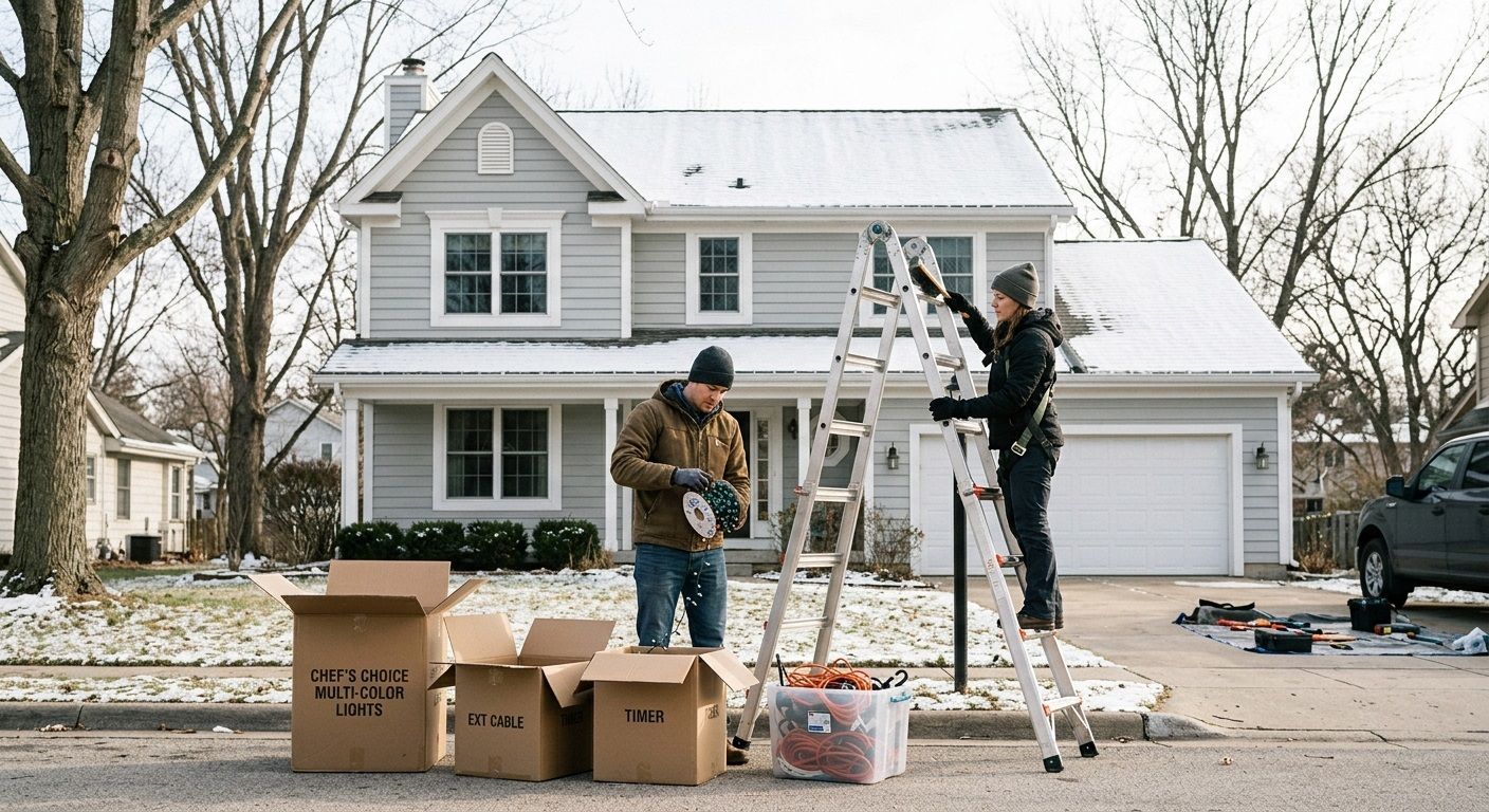 Workers decorating a snowy suburban house with lights and ladders, boxes on the driveway
