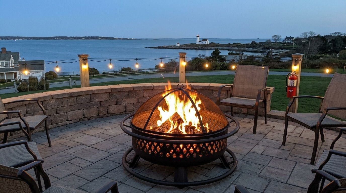 Fire pit on a stone patio overlooking water at dusk, with chairs and warm lights in the background