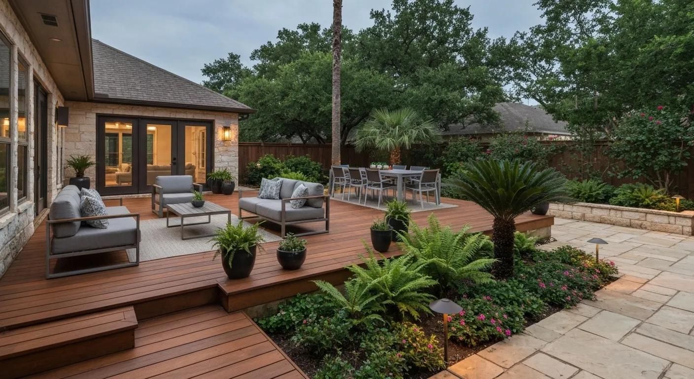 Modern backyard patio with sectional seating, wooden deck, potted plants, and garden paths at dusk