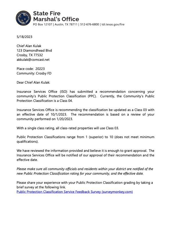 It is a letter from the state fire marshal 's office concerning the Insurance Services Office District rating.