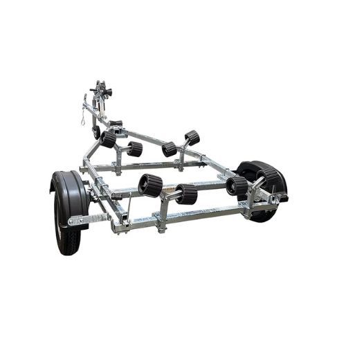 Boat trailer with rollers and tires, isolated on white background.