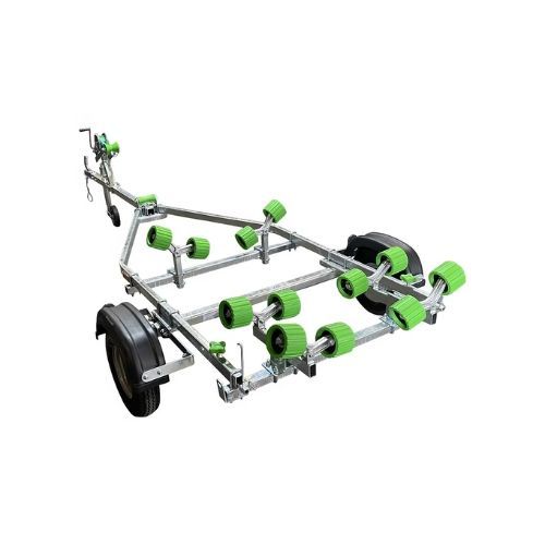 Boat trailer with blue rollers and black tires.