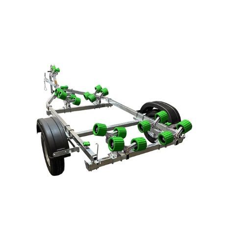 Boat trailer with black wheels and multiple rollers.